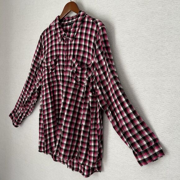 Lane Bryant Top Women 22/24 Pink Black Plaid Button Up Roll Tab Tunic Cabin Farm - Picture 15 of 16